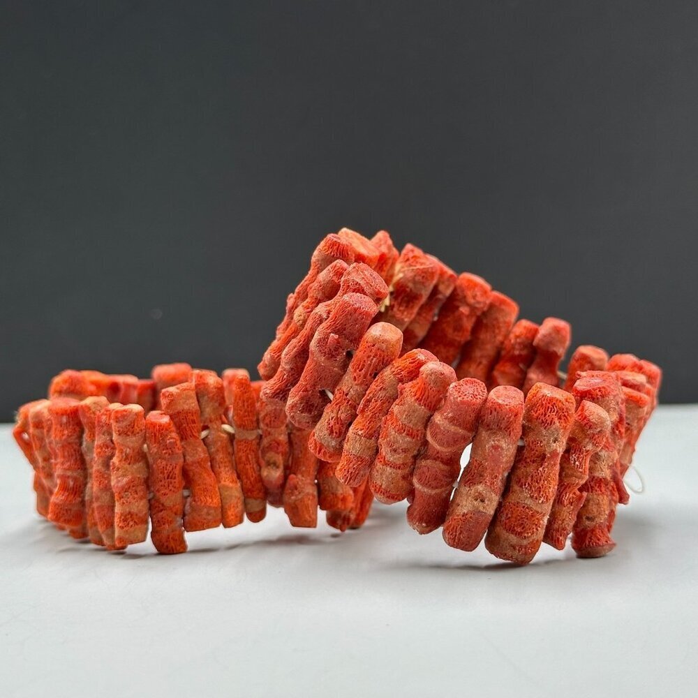 Vintage Coral Tone Beaded Stretch Bracelet Set Chunky Textured Rough Branches